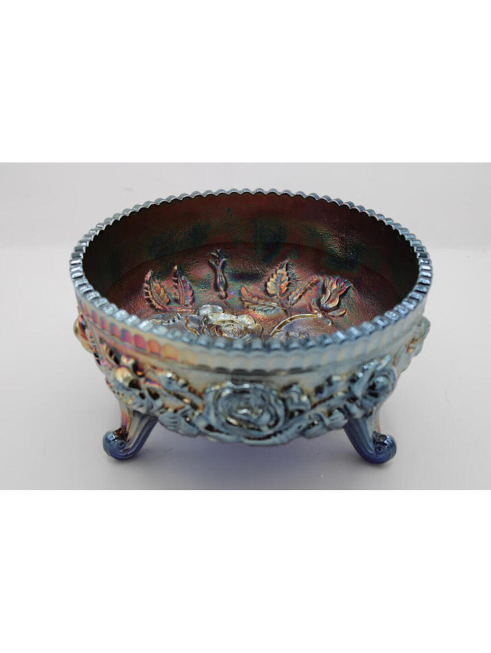 Vintage Iridescent Art Glass Bowl Metallic Decorative Footed Bowl Floral 7.5"